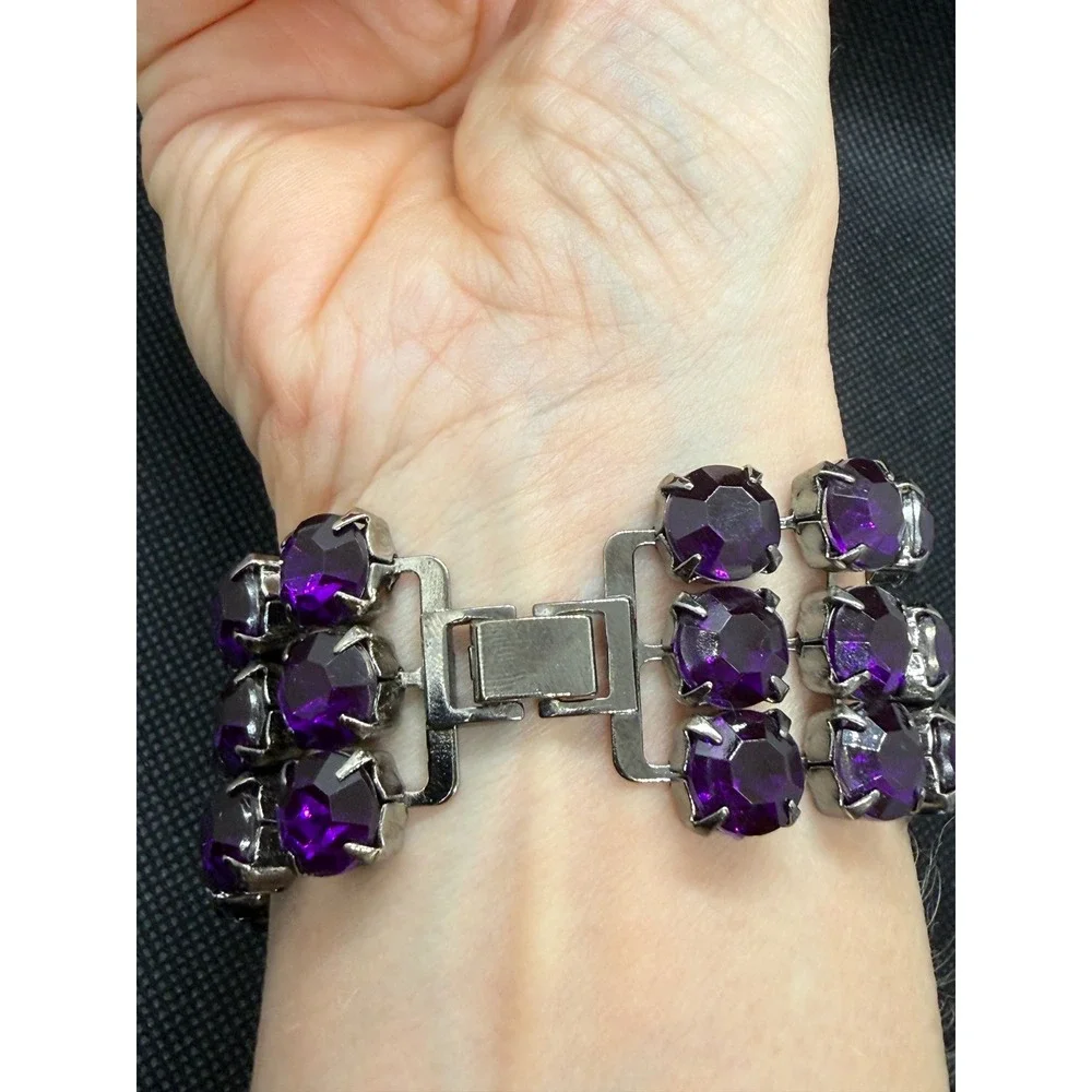 Vintage Purple Rhinestone Triple Row Cuff Bracelet Silver Tone Statement Jewelry